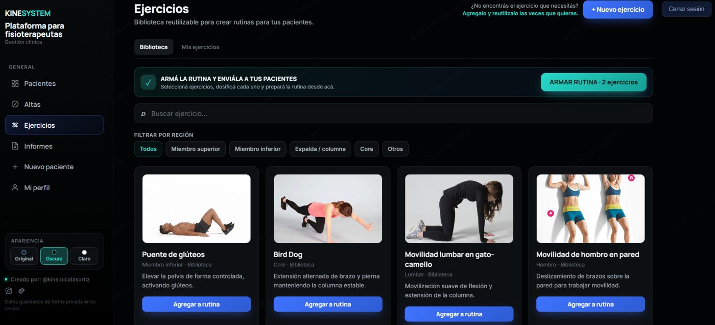 Biblioteca de ejercicios de KineSystem